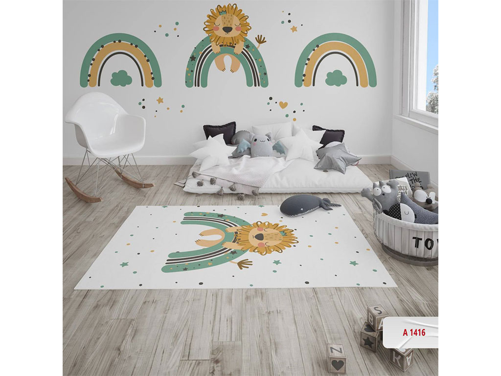 فرش ست لوازم اتاق کودک مدل تیپ 2 (سایز 145*100) طرح شیر و رنگین کمان