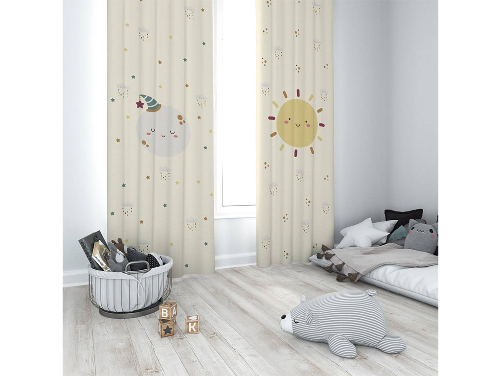 پرده پانچی ست لوازم اتاق کودک مدل مخمل با دوخت با 3 متر طول طرح خورشید، ستاره، ماه و رنگین کمان