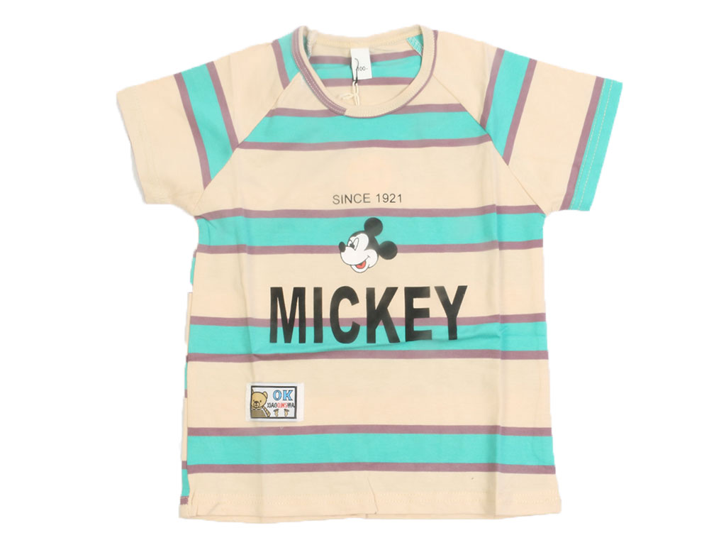 تیشرت آستین کوتاه پسرانه طرح راه راه رنگی و میکی موس