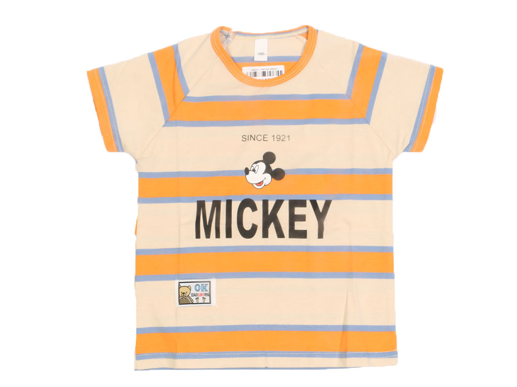 تیشرت آستین کوتاه پسرانه طرح راه راه رنگی و میکی موس