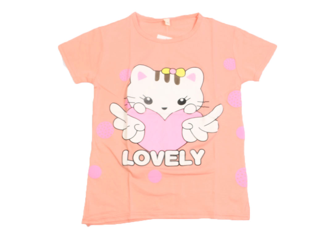 تیشرت آستین کوتاه دخترانه گلبهی رنگ طرح هلوکیتی