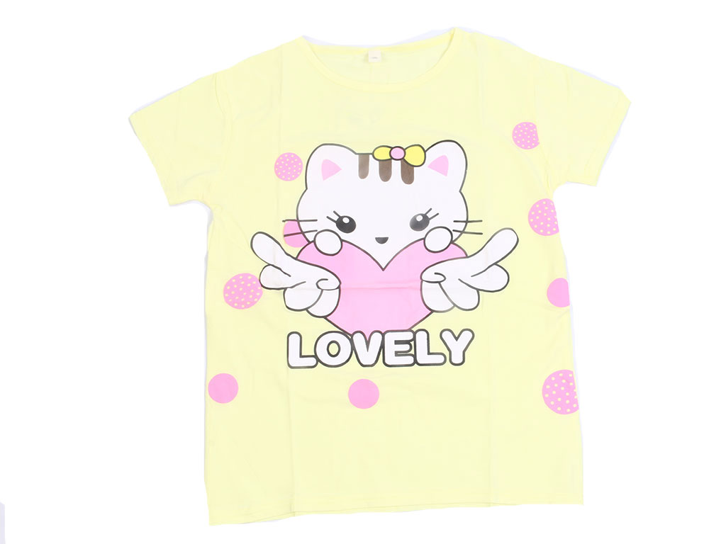 تیشرت آستین کوتاه دخترانه زرد رنگ طرح هلوکیتی