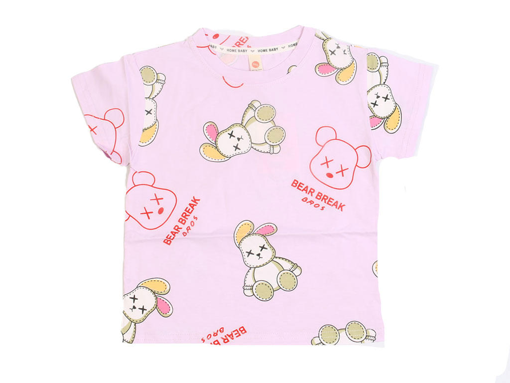 تیشرت آستین کوتاه دخترانه یاسی رنگ طرح خرس و خرگوش