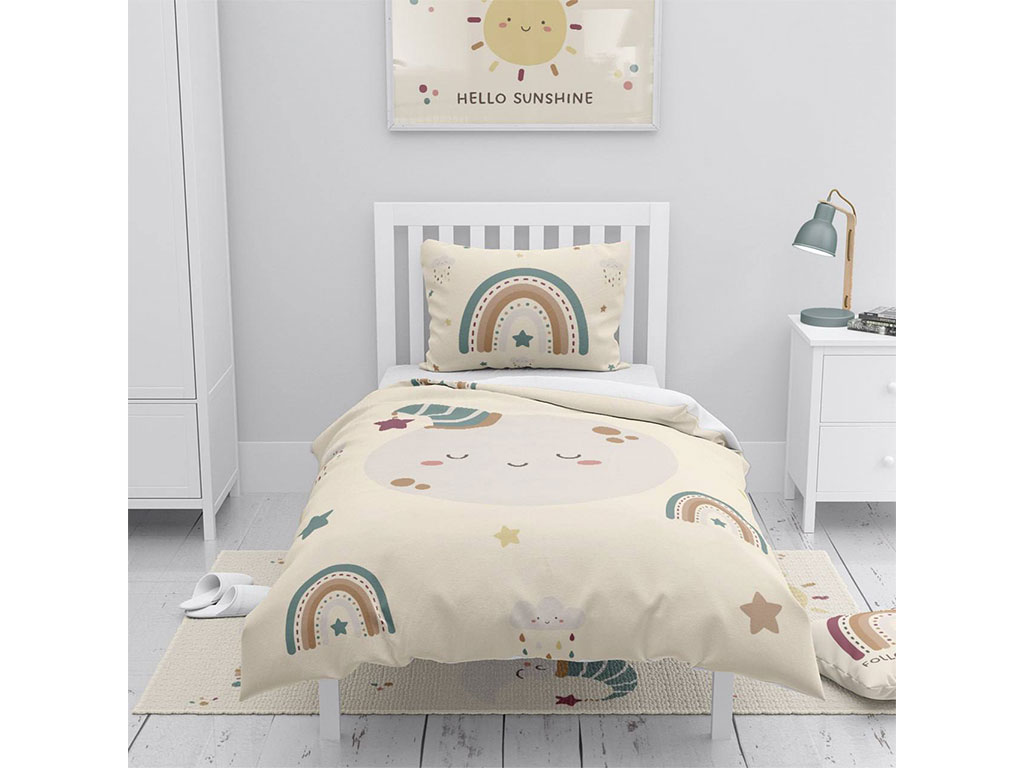 ست خواب نوجوان 4 تکه ست لوازم اتاق کودک با رویه میکرو زیره تترون طرح ستاره، ماه، خورشید و رنگین کمان