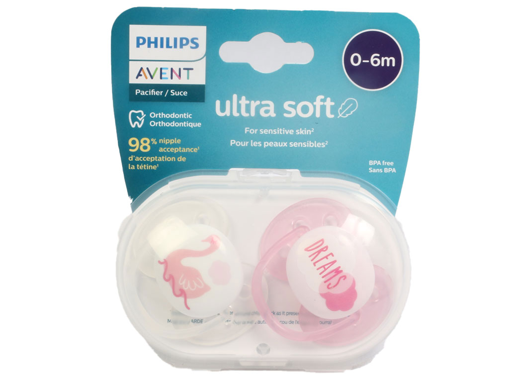 پستانک سیلیکونی ارتودنسی دوعددی نوزادی دخترانه 6-0 ماه مدل Ultra soft اونت Avent