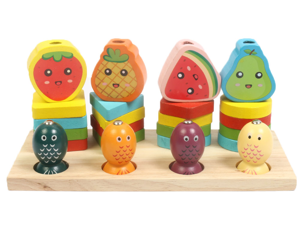 پایه اشکال مونته سوری سه کاره چوبی طرح اشکال هندسی، همراه با ماهیگیری مگنتی و نخواره (نخ و مهره)