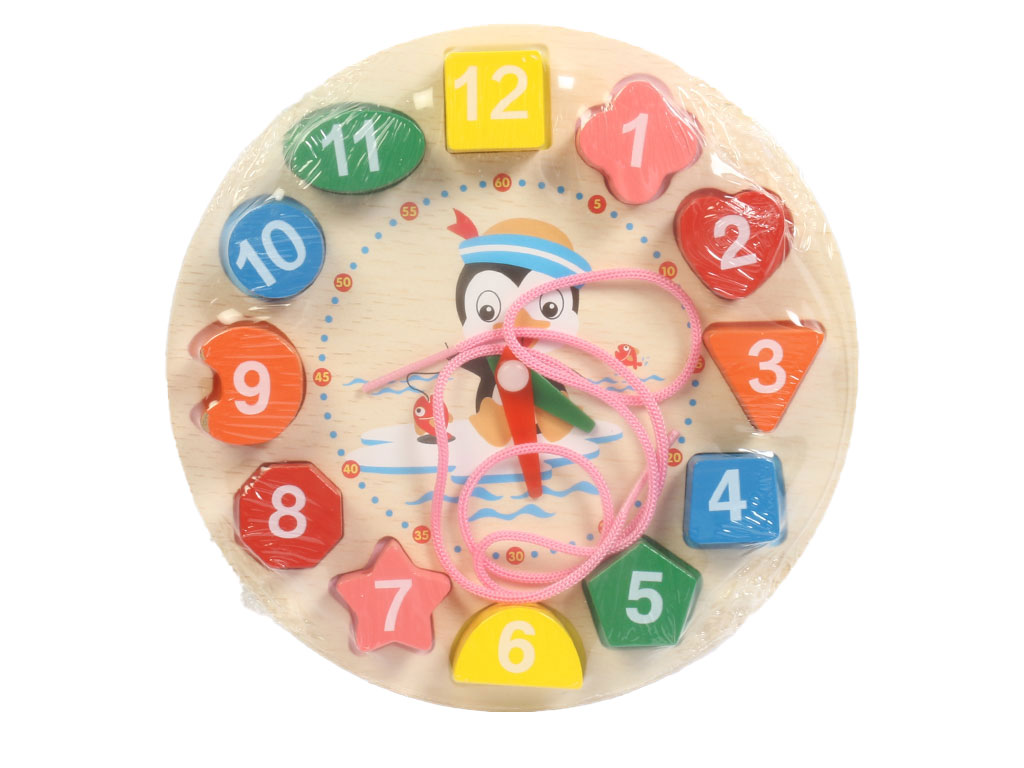 ساعت آموزشی چوبی به همراه نخ واره طرح پنگوئن