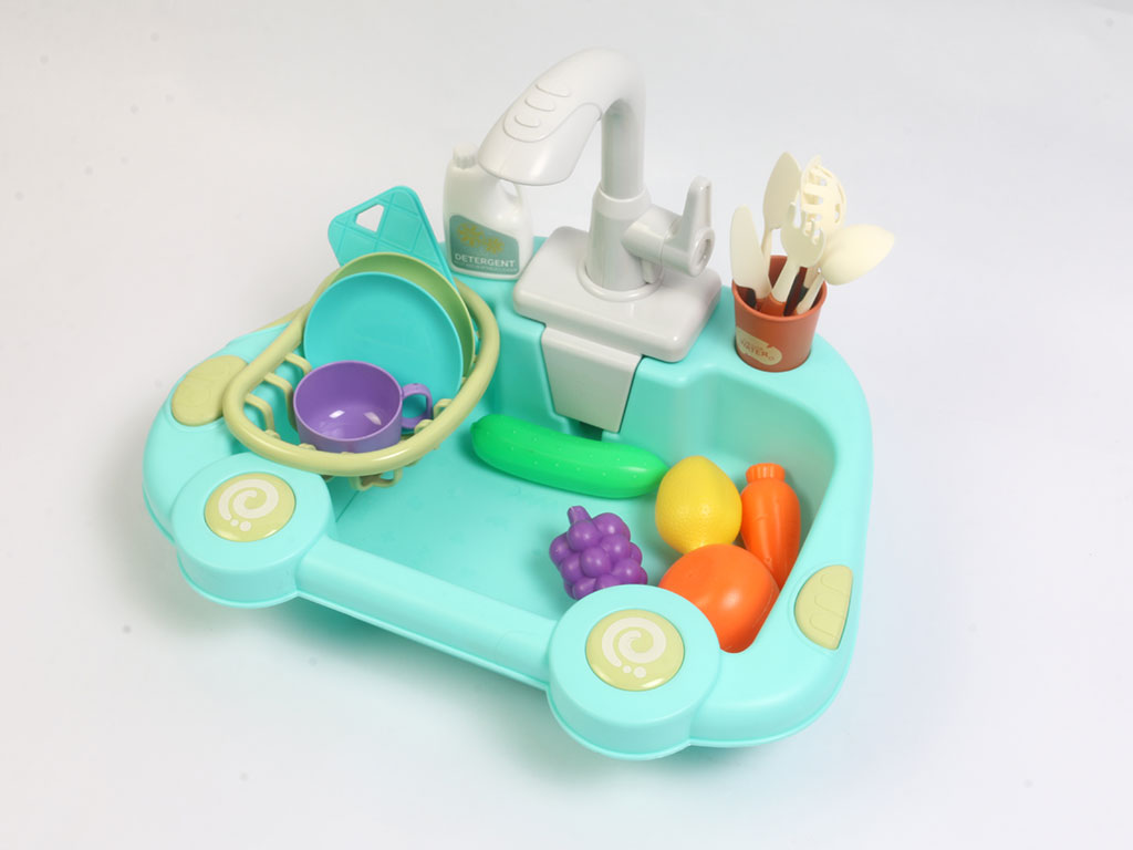 سینک ظرفشویی با شیرآب دارای پمپ همراه با لوازم آشپزخانه اسباب بازی