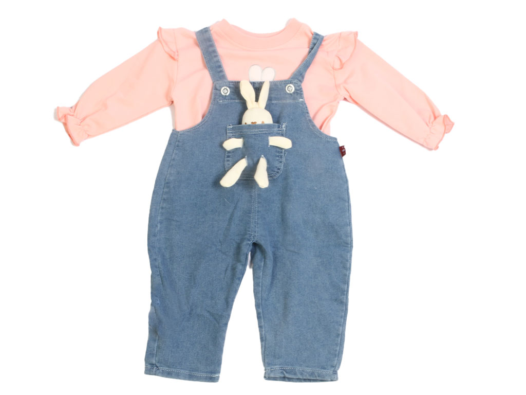 بلوز و شلوار جین پیش بندی دخترانه صورتی رنگ طرح خرگوش عروسکی