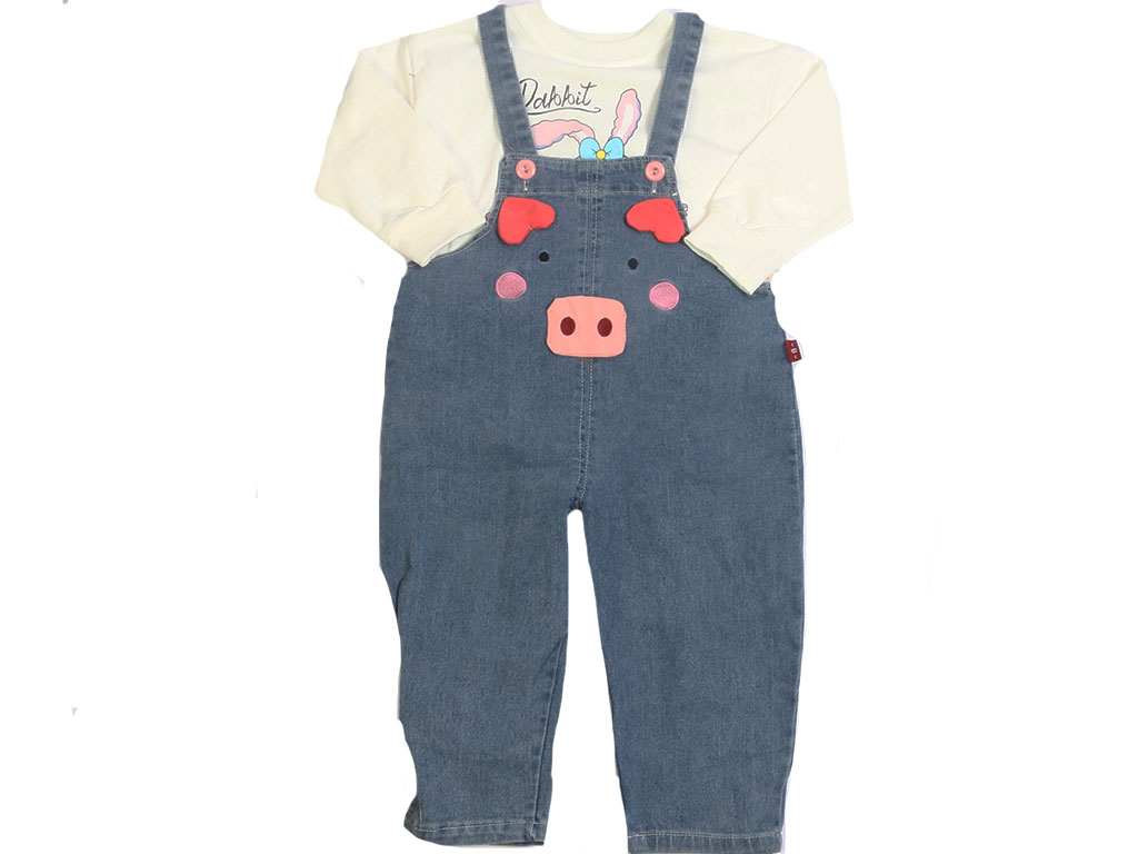 بلوز و شلوار جین پیش بندی دخترانه طرح خرگوش و خوک سفید رنگ