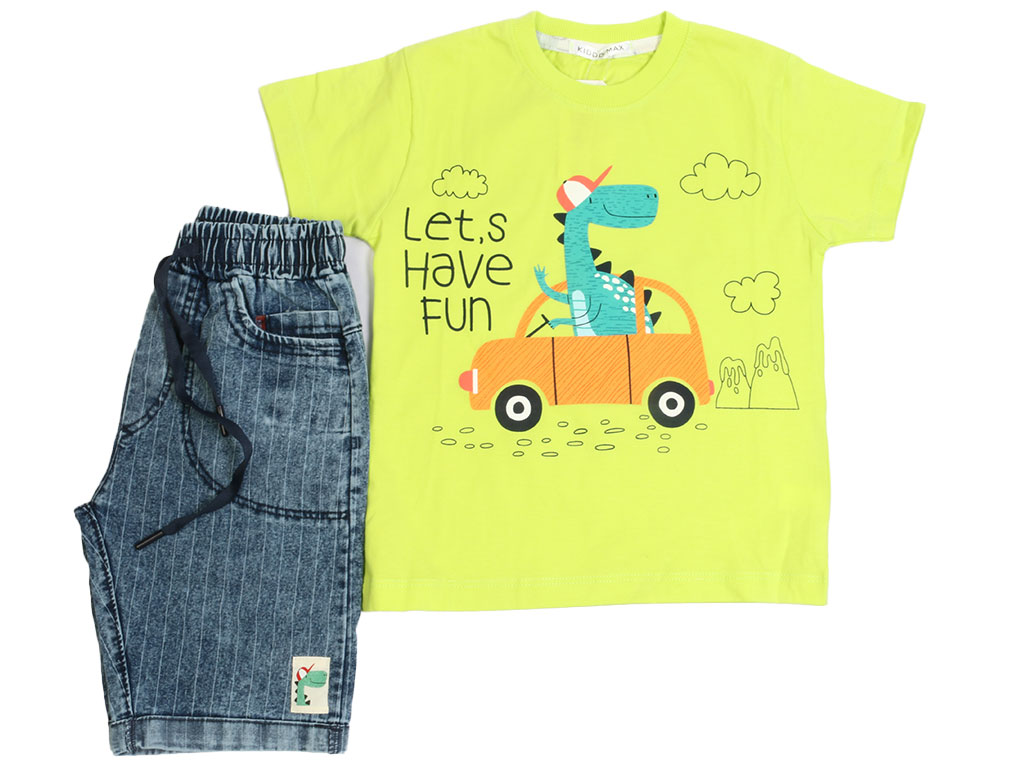 تیشرت و شلوارک جین پسرانه طرح دایناسور راننده کیدومکس kido max