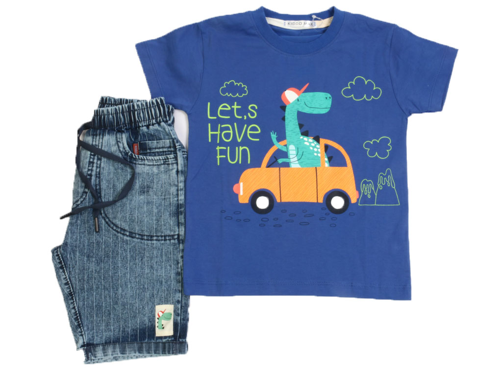 تیشرت و شلوارک جین پسرانه طرح دایناسور راننده کیدومکس kido max