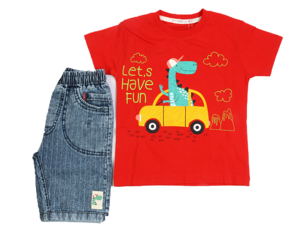 تیشرت و شلوارک جین پسرانه طرح دایناسور راننده کیدومکس kido max