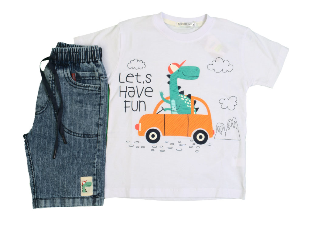 تیشرت و شلوارک جین پسرانه طرح دایناسور راننده کیدومکس kido max
