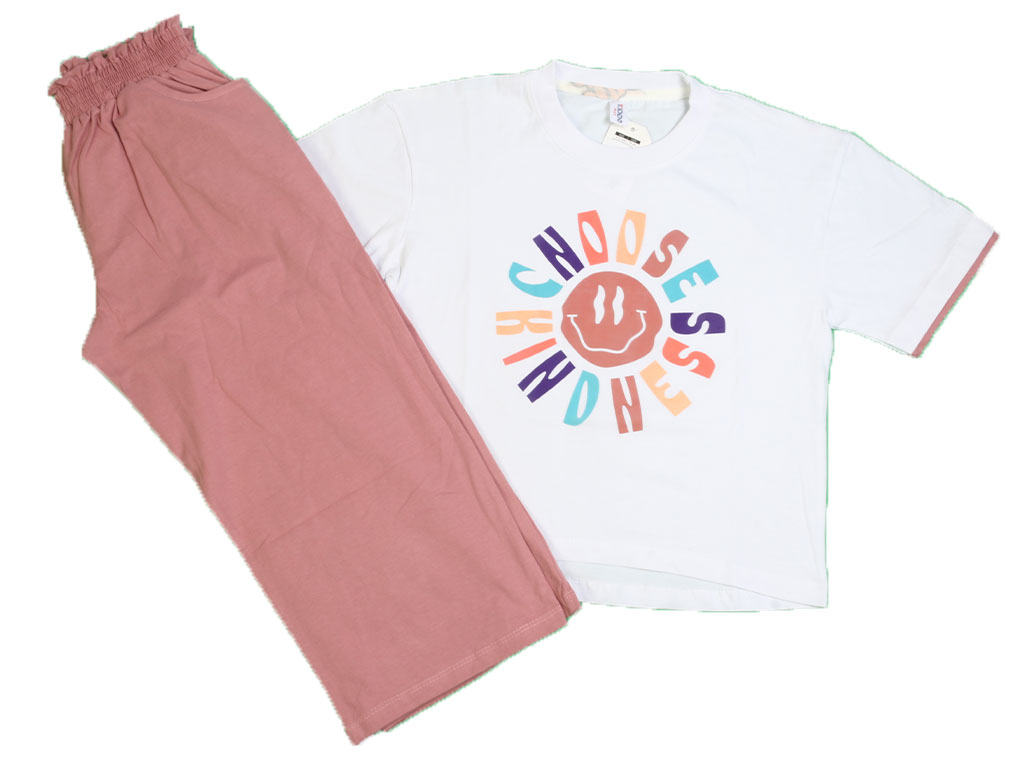 تیشرت و شلوارک بلند پوست پیازی دخترانه طرح ایموجی کیدومکس kido max