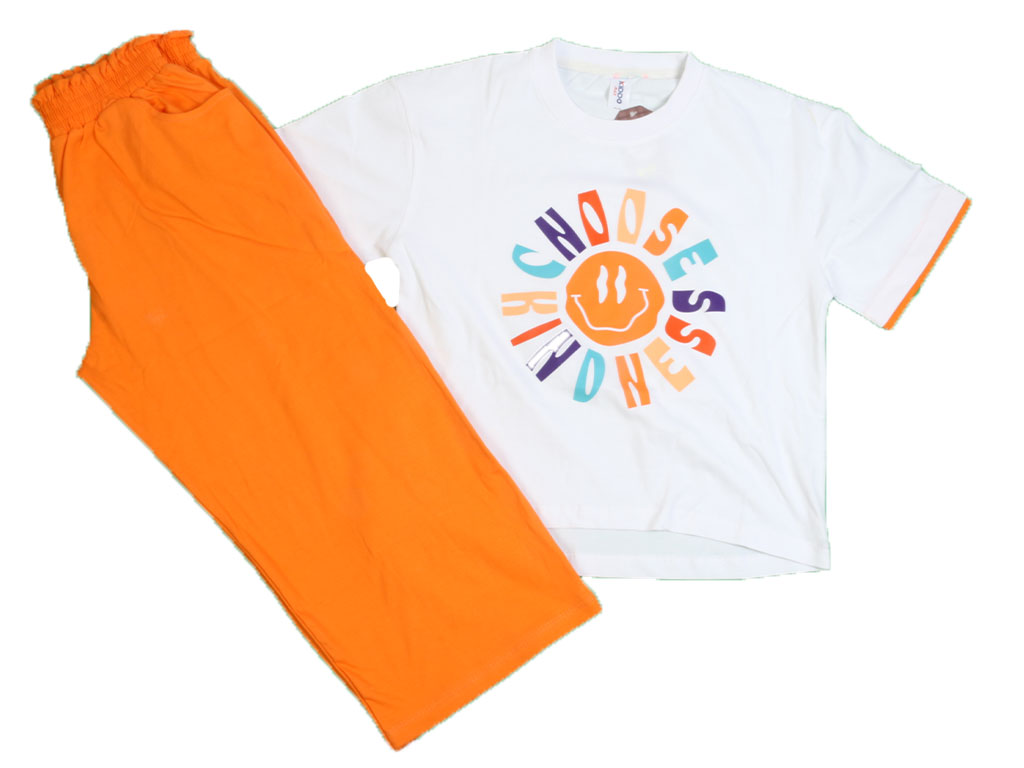 تیشرت و شلوارک بلند نارنجی رنگ دخترانه طرح ایموجی کیدومکس kido max