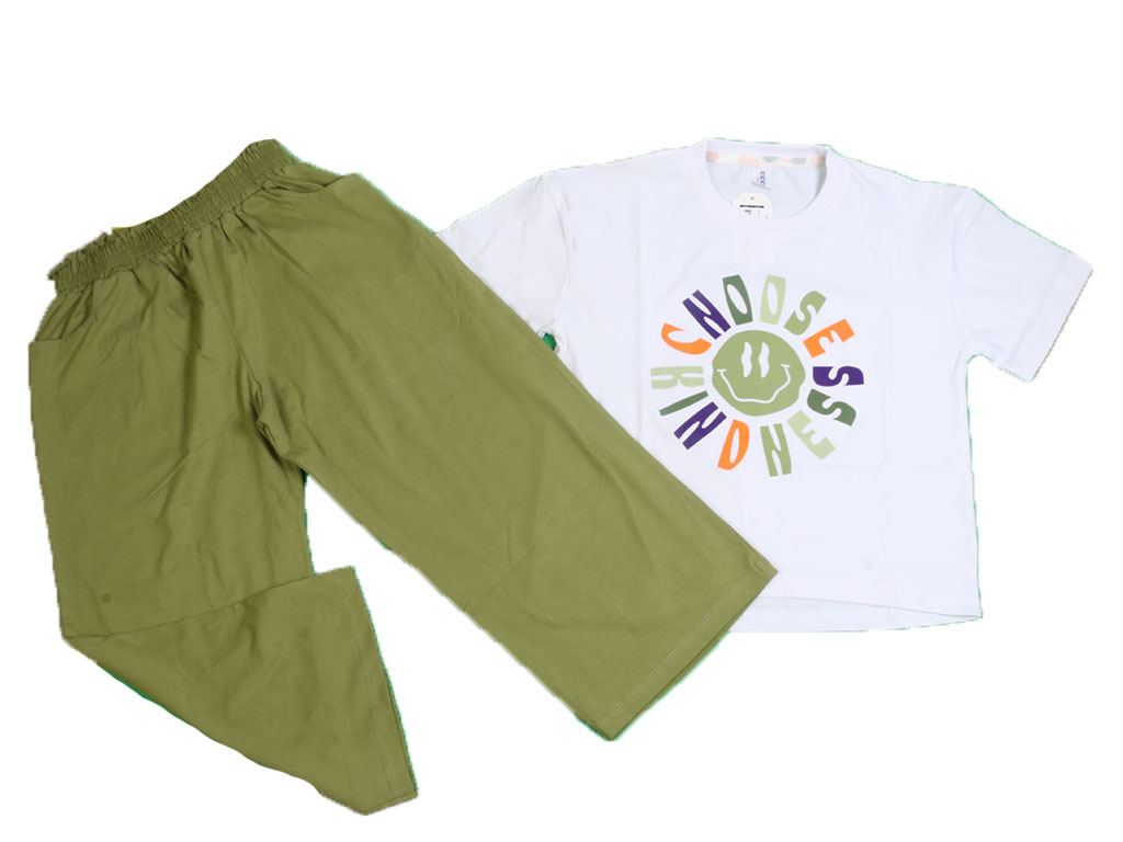 تیشرت و شلوارک بلند سبز رنگ دخترانه طرح ایموجی کیدومکس kido max