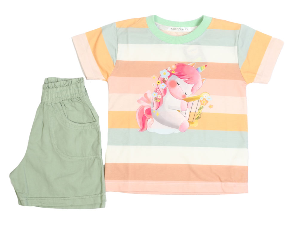 تیشرت و شلوارک کتان دخترانه طرح اسب تک شاخ کیدومکس kido max