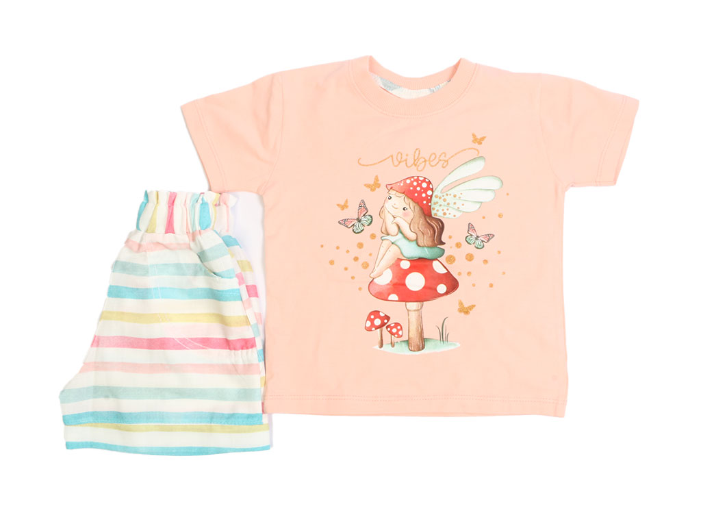 تیشرت و شلوارک دخترانه طرح دخترک کلاه قارچی گلبهی رنگ کیدومکس kido max