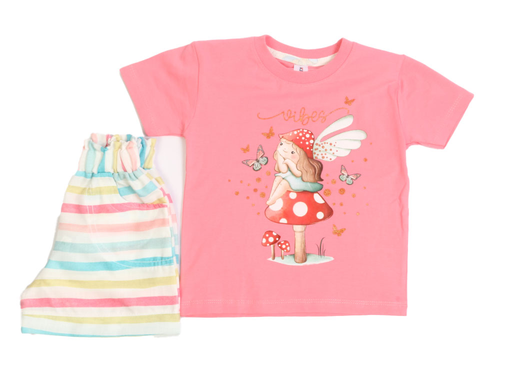 تیشرت و شلوارک دخترانه طرح دخترک کلاه قارچی صورتی پررنگ کیدومکس kido max