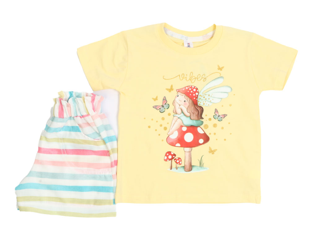تیشرت و شلوارک دخترانه طرح دخترک کلاه قارچی لیمویی رنگ کیدومکس kido max