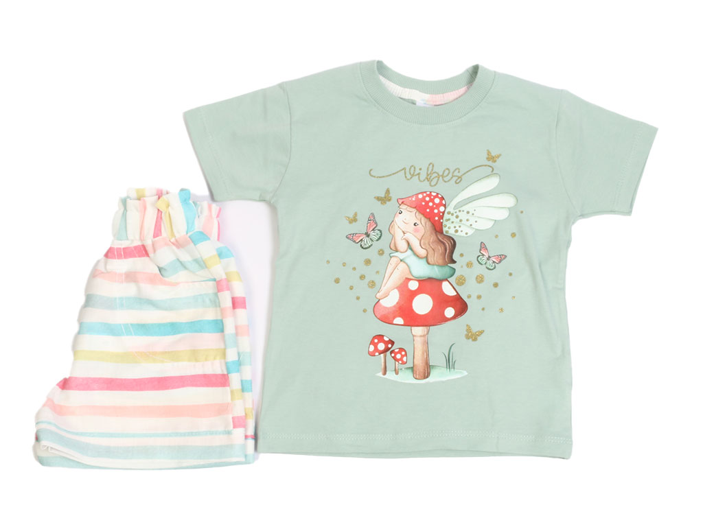 تیشرت و شلوارک دخترانه طرح دخترک کلاه قارچی سبز رنگ کیدومکس kido max
