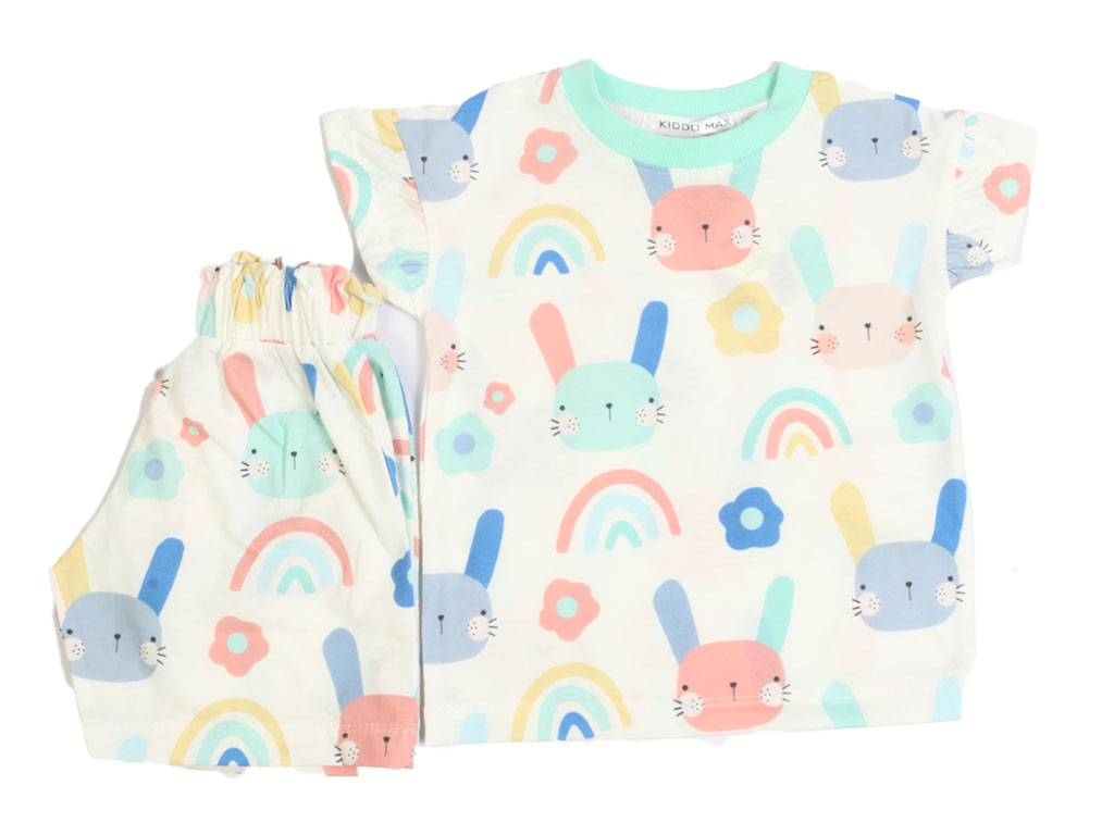 تیشرت و شلوارک راحتی دخترانه طرح خرگوش و رنگین کمان کیدومکس kido max