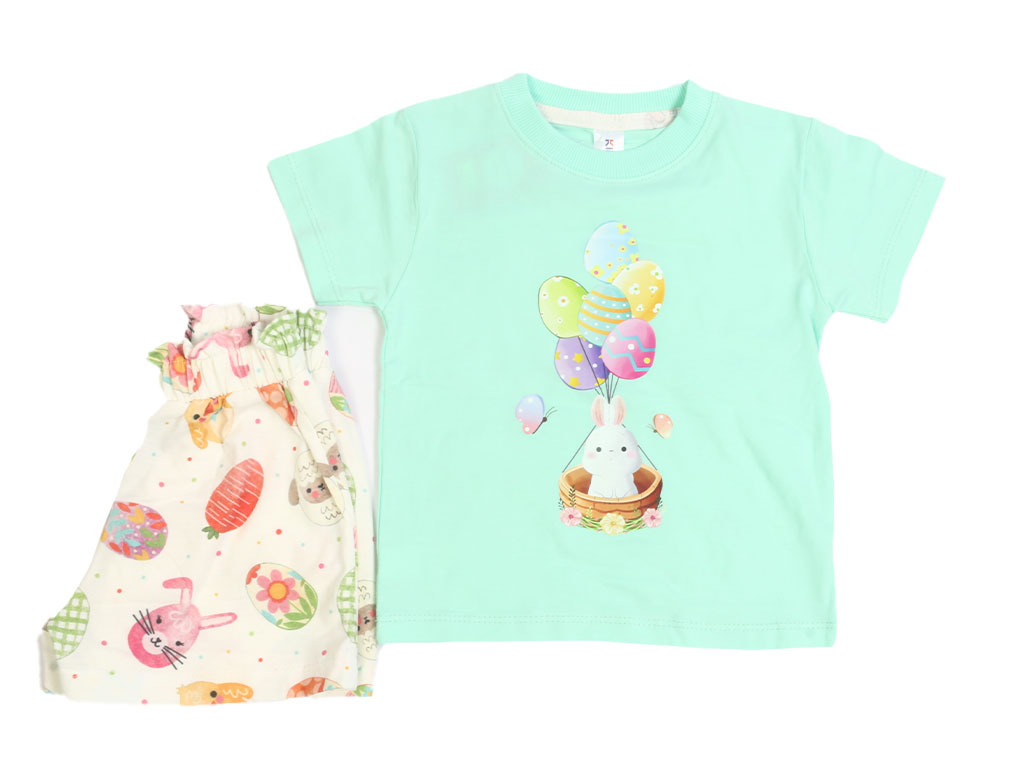 تیشرت و شلوارک راحتی دخترانه طرح خرگوش و بادکنک های رنگی سبزآبی کیدومکس kido max