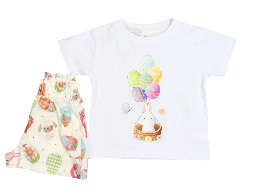 تیشرت و شلوارک راحتی دخترانه طرح خرگوش و بادکنک های رنگی سفید رنگ کیدومکس kido max