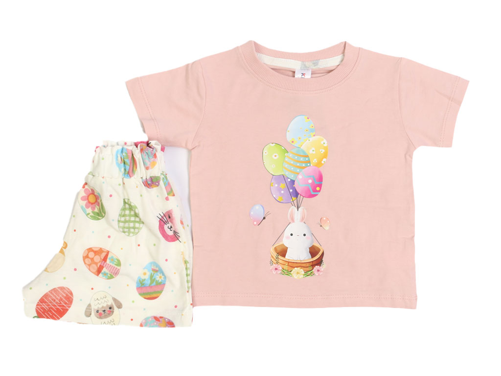 تیشرت و شلوارک راحتی دخترانه طرح خرگوش و بادکنک های رنگی صورتی رنگ kido max