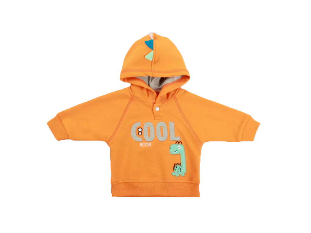 هودی نوزادی پسرانه نارنجی رنگ طرح دایناسور برند روح ROOH