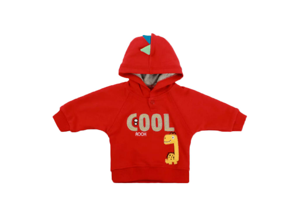 هودی نوزادی پسرانه قرمز رنگ طرح دایناسور برند روح ROOH