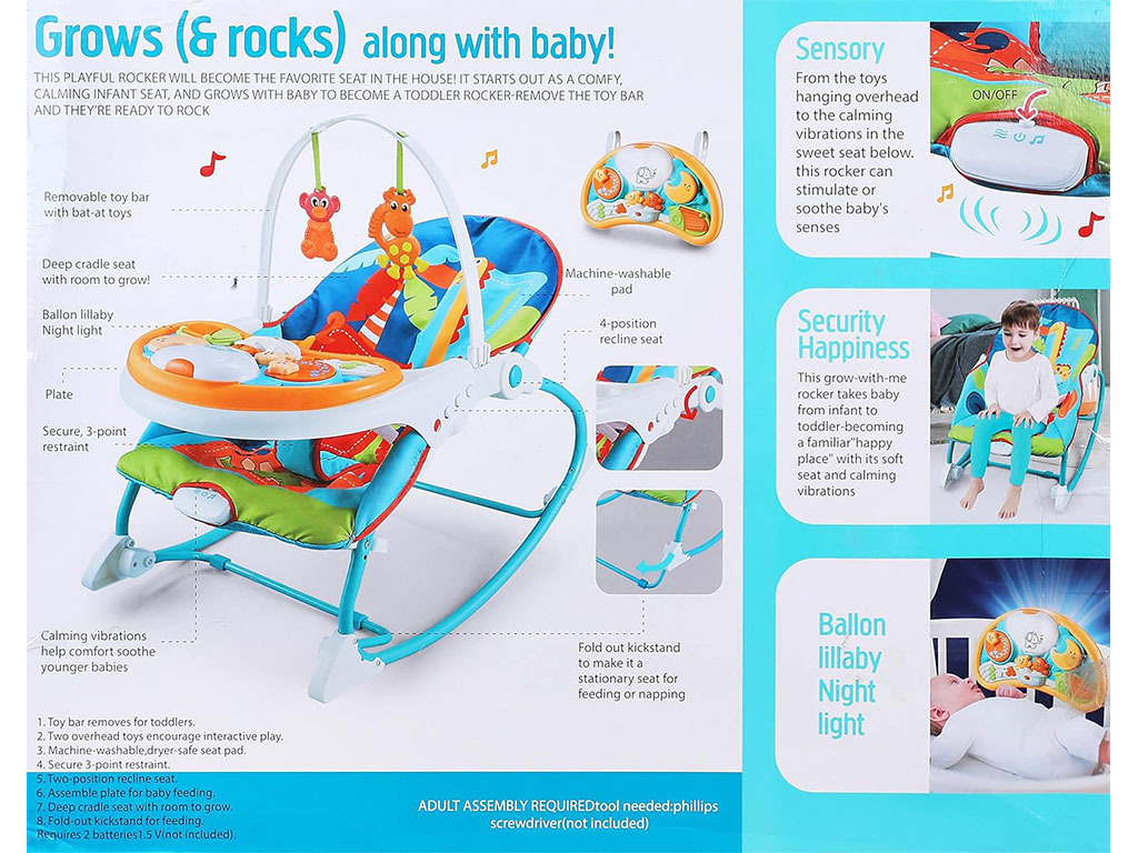 نی نی لای لای آویزدار (راکر) و صندلی غذای کودک سه کاره با صفحه موزیکال