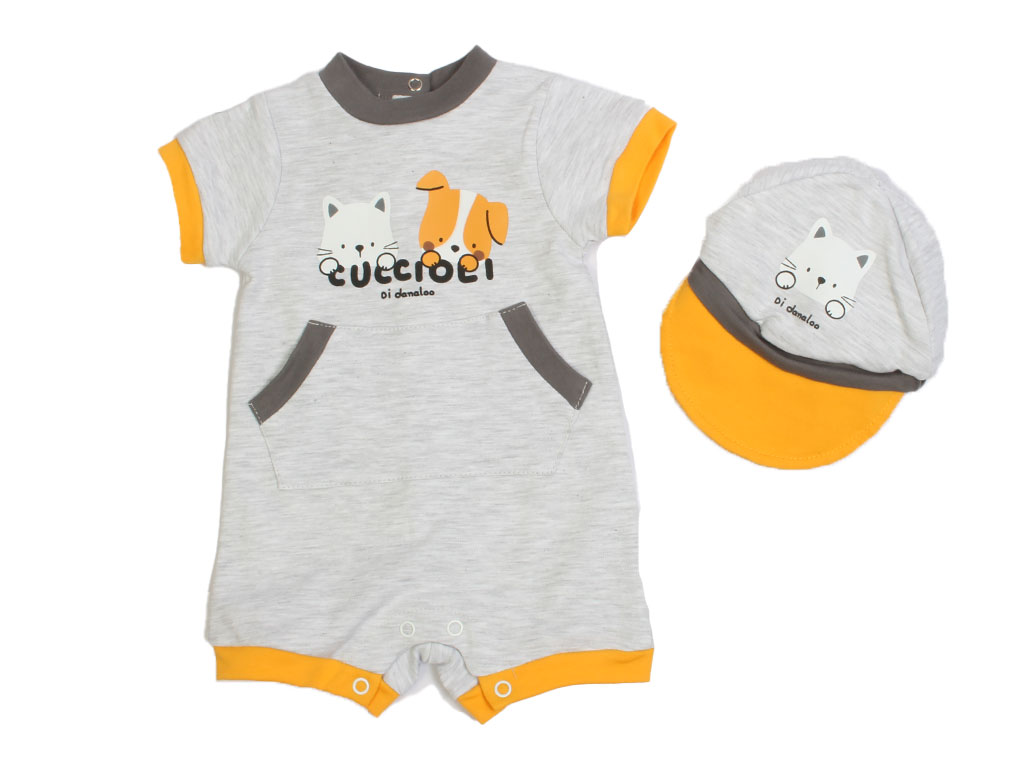 رامپر نوزادی پسرانه به همراه کلاه لبه دار طرح سگ و گربه دانالو Danaloo