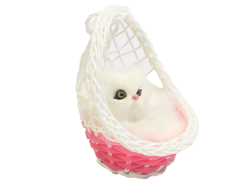 عروسک گربه موزیکال نشسته در سبد به همراه آویز