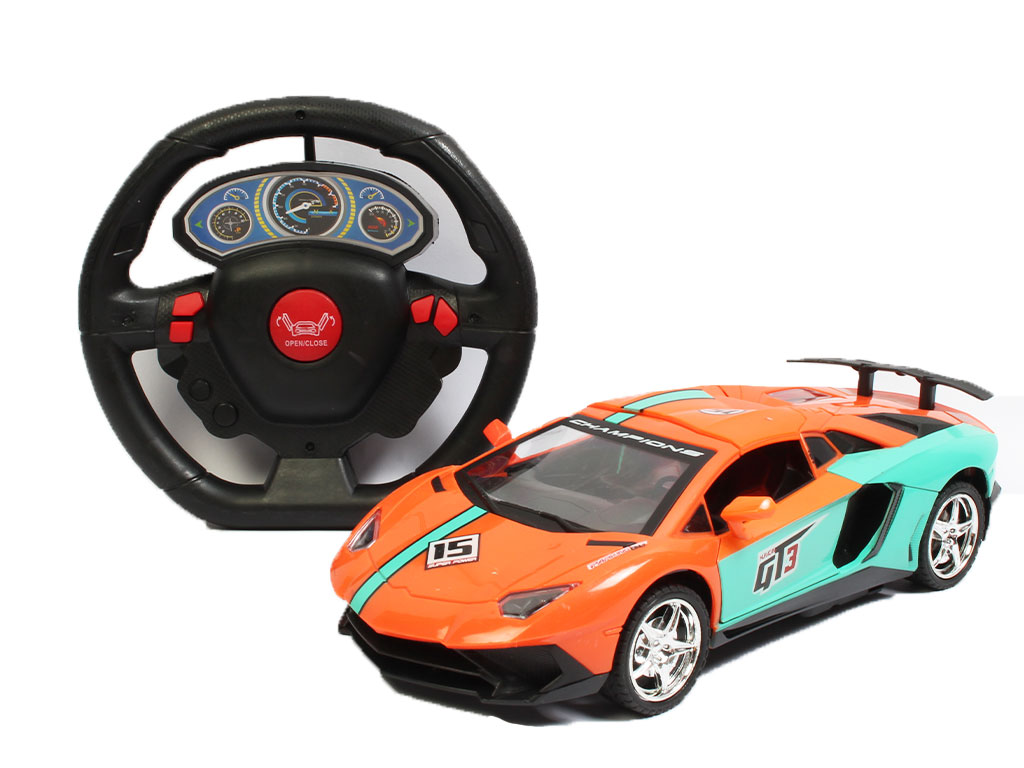 ماشین شارژی و کنترلی دارای فرمان، چراغ دار مدل لامبورگینی دربازشو اسباب بازی
