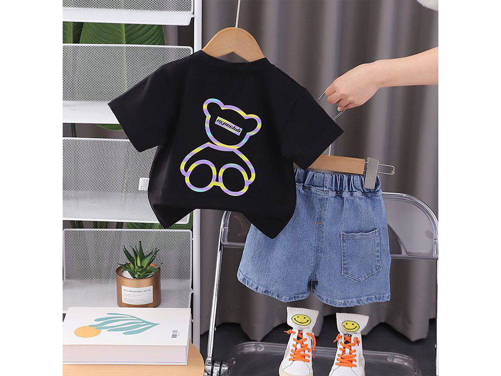 ست تیشرت مشکی و شلوارک جین پسرانه طرح خرس