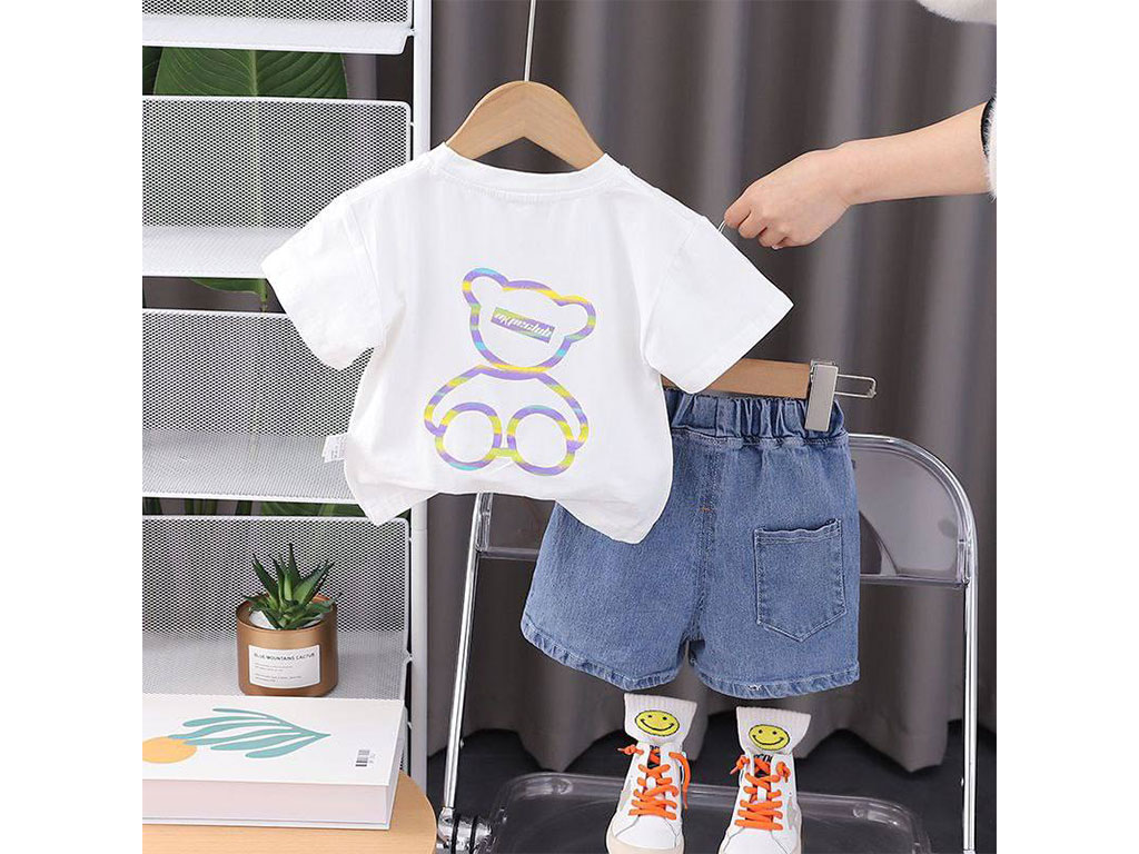 ست تیشرت سفید و شلوارک جین پسرانه طرح خرس