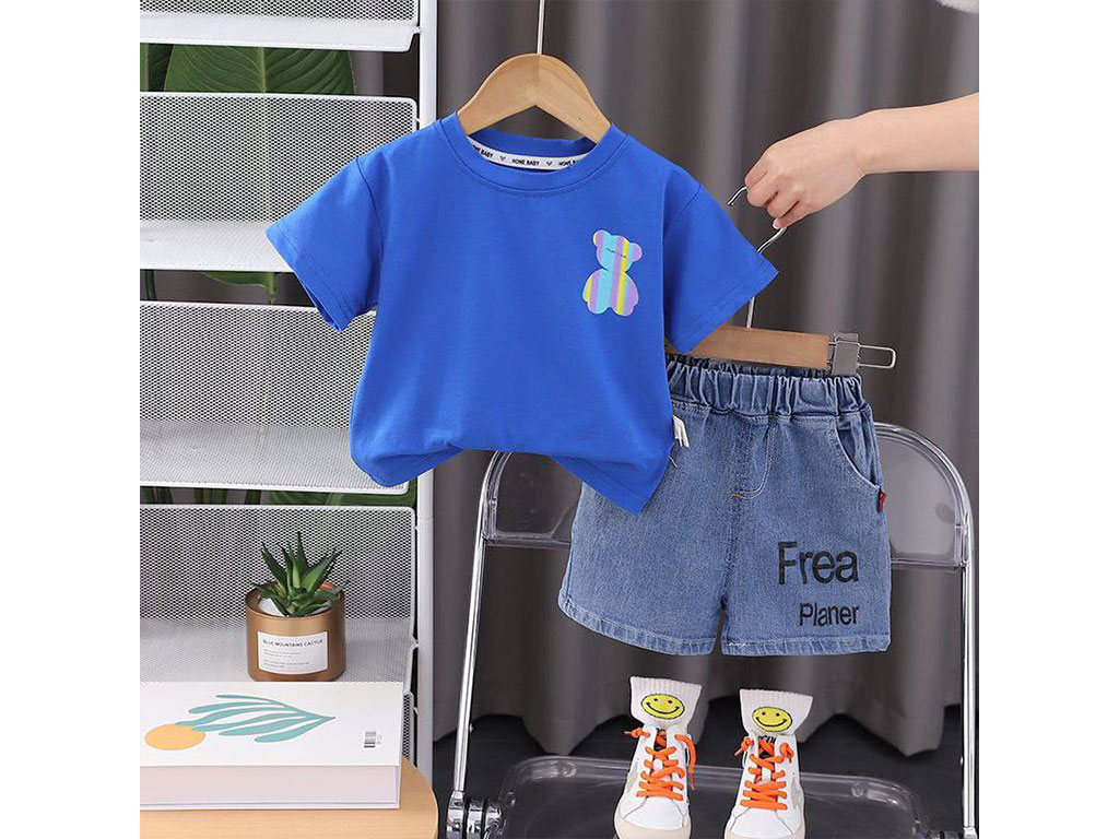 ست تیشرت آبی پررنگ و شلوارک جین پسرانه طرح خرس