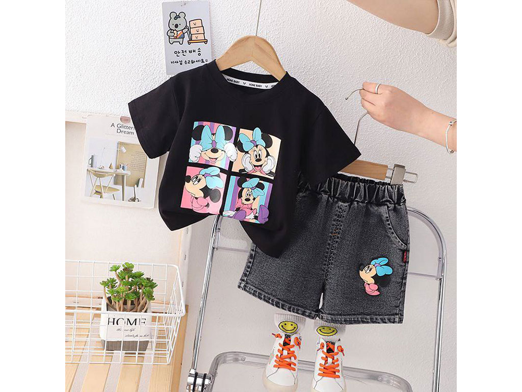 ست تیشرت مشکی و شلوارک جین دخترانه طرح مینی موس