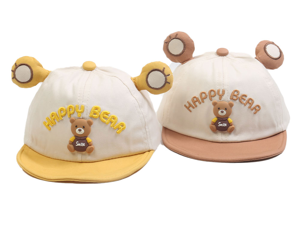 کلاه لبه دار بچگانه طرح گلدوزی شده خرس Happy bear (دور سر 48 cm)