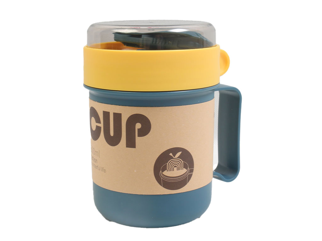 فنجان دسته دار و ظرف غذا استیل دارای قاشق و چنگال با حجم 500 میلی لیتر