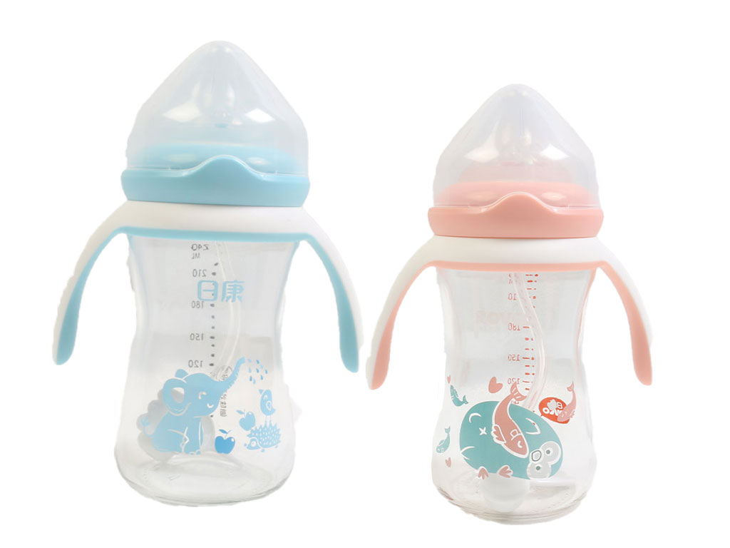 شیشه شیر نوزادی بالای 6 ماه پیرکس دسته دار و نی دار آنتی کولیک با حجم 240 میلی لیتر رووکو ROVCO