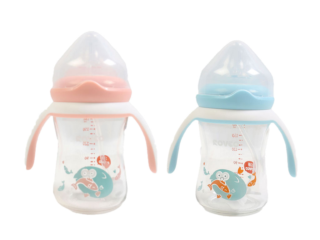 شیشه شیر نوزادی بالای 3 ماه پیرکس دسته دار و نی دار آنتی کولیک با حجم 180 میلی لیتر رووکو ROVCO