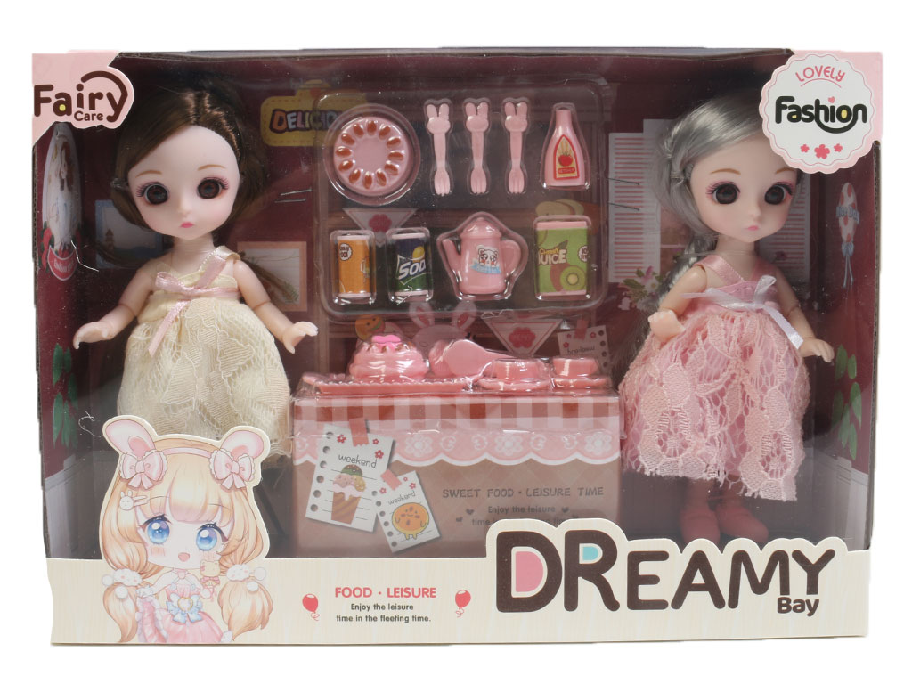 عروسک مفصلی چشم تیله ای دو عددی همراه با ست چایخوری اسباب بازی