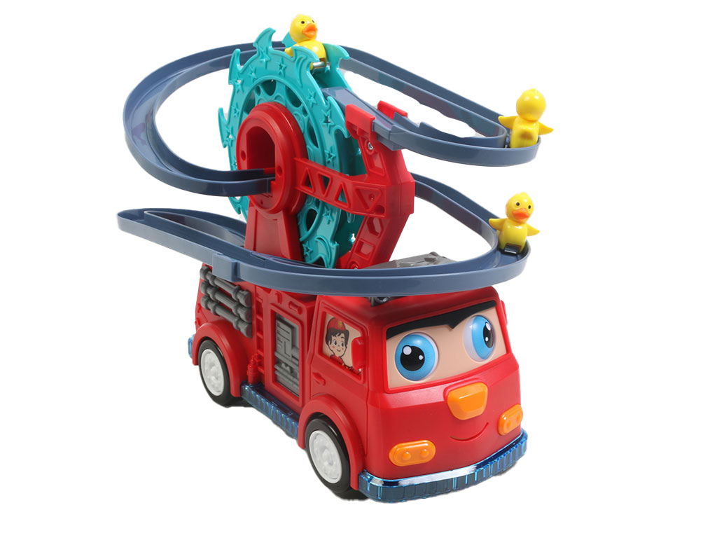 ماشین آتش نشانی با سرسره چرخان موزیکال و چراغ دار با چرخش 360 درجه اسباب بازی