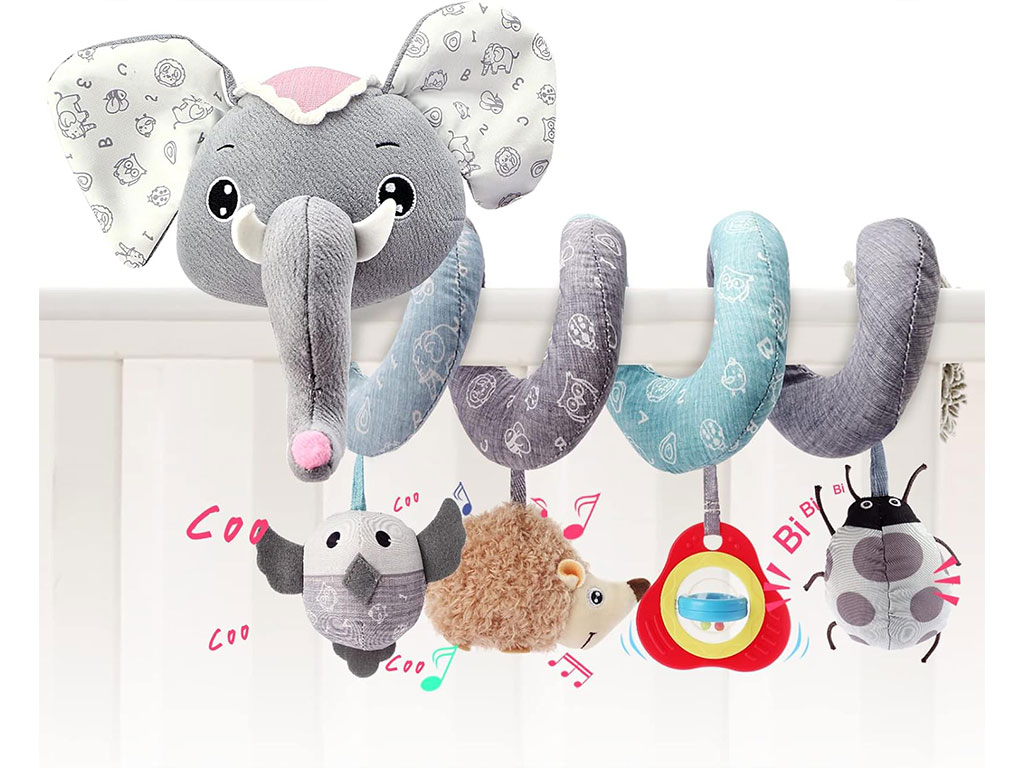 آویز تخت و کریر مارپیچی موزیکال و جغجغه ای عروسکی به همراه دندانگیر سیلیکونی سوزی SOZZY