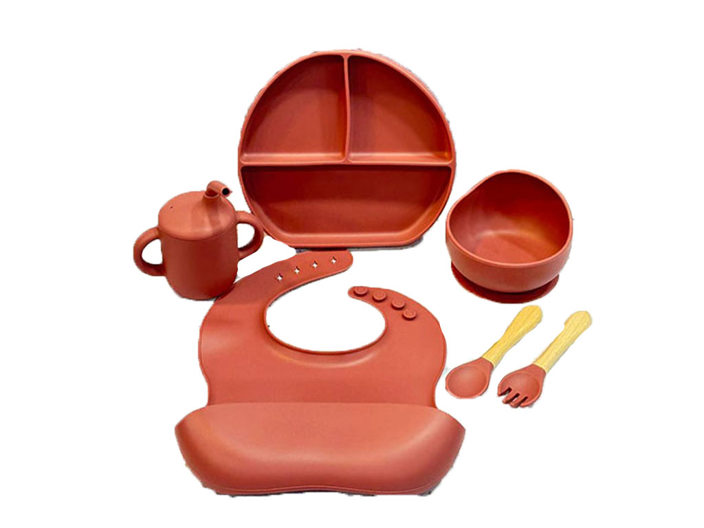 ست ظرف غذا سیلسکونی 7 تکه با قاشق و چنگال دسته چوبی