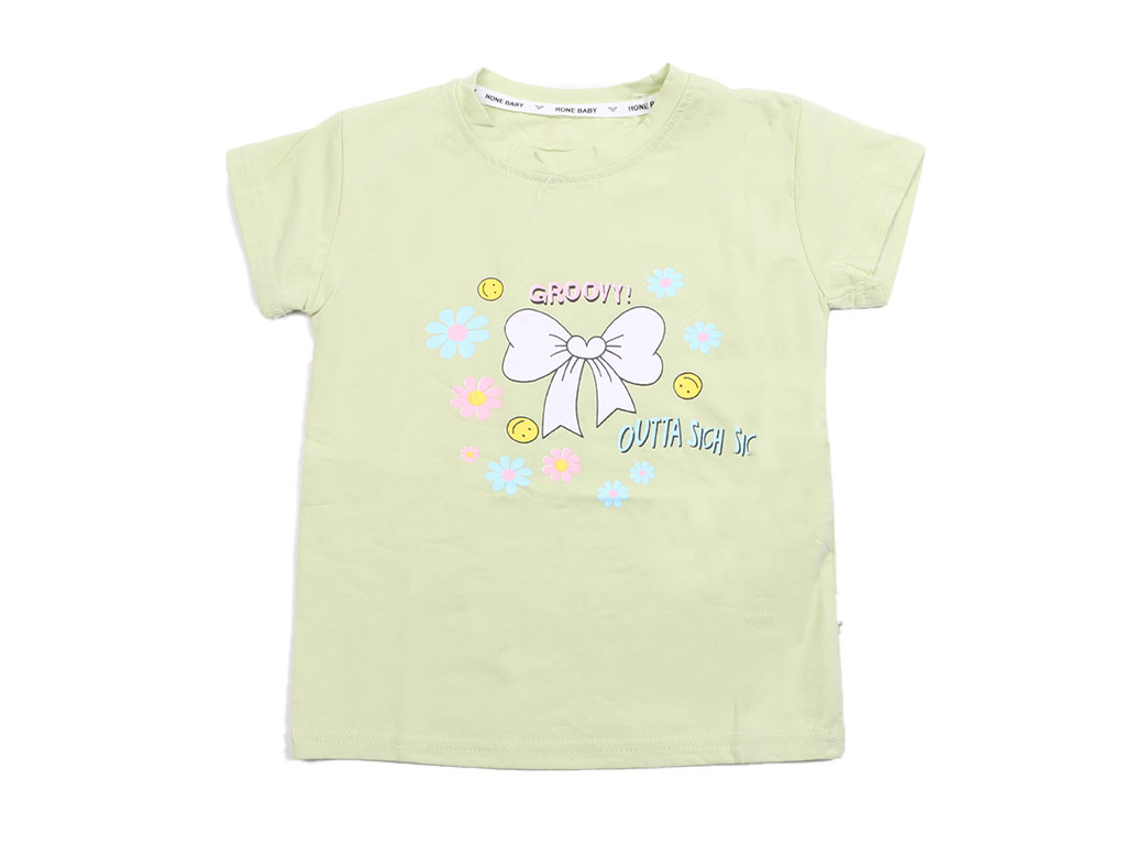 تیشرت آستین کوتاه دخترانه سبز رنگ طرح پاپیون