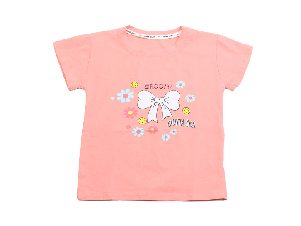 تیشرت آستین کوتاه دخترانه صورتی رنگ طرح پاپیون